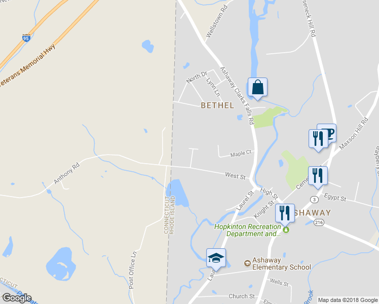 map of restaurants, bars, coffee shops, grocery stores, and more near 9 Park Place in Hopkinton