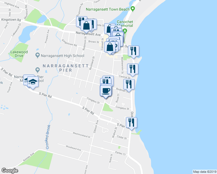 map of restaurants, bars, coffee shops, grocery stores, and more near 50 Rodman Street in Narragansett