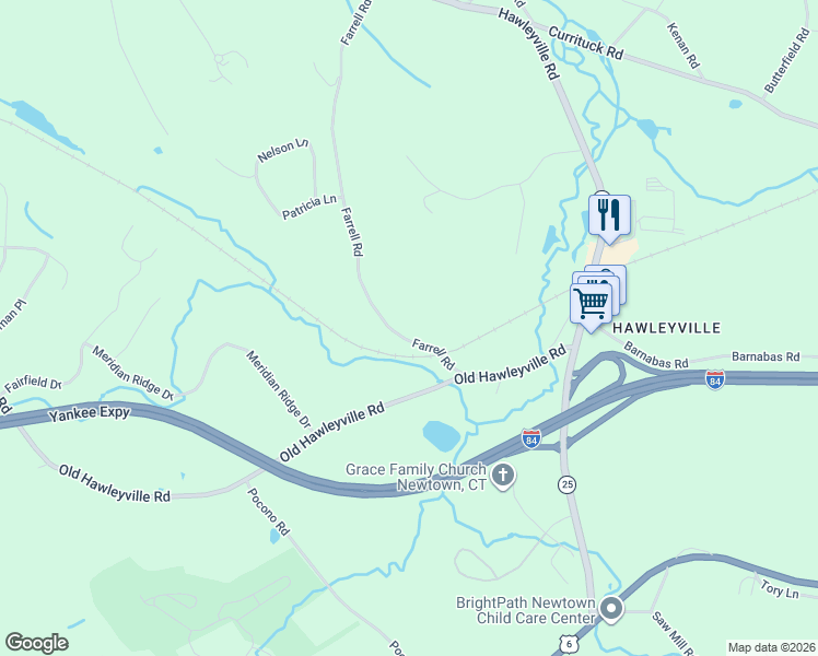 map of restaurants, bars, coffee shops, grocery stores, and more near 10 Farrell Road in Newtown
