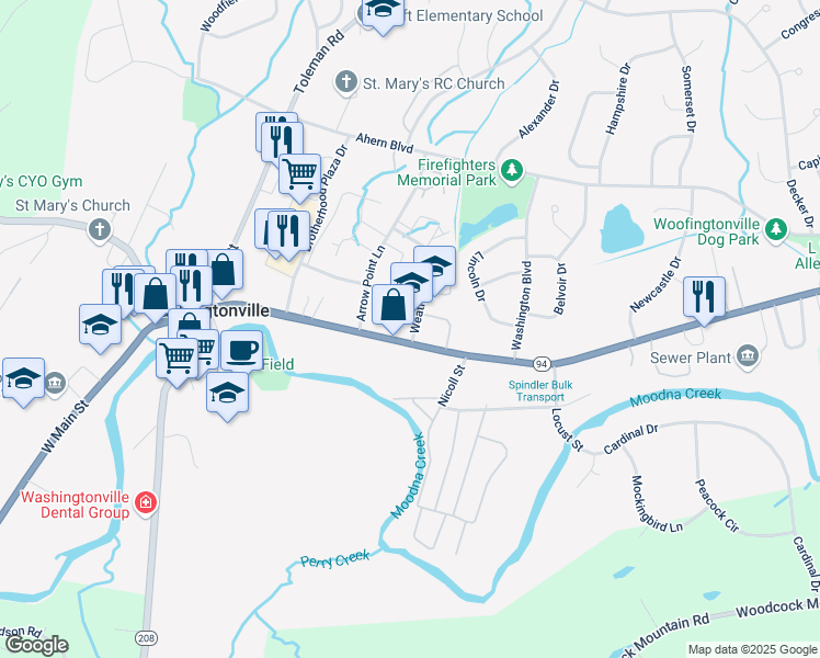 map of restaurants, bars, coffee shops, grocery stores, and more near 82 East Main Street in Washingtonville