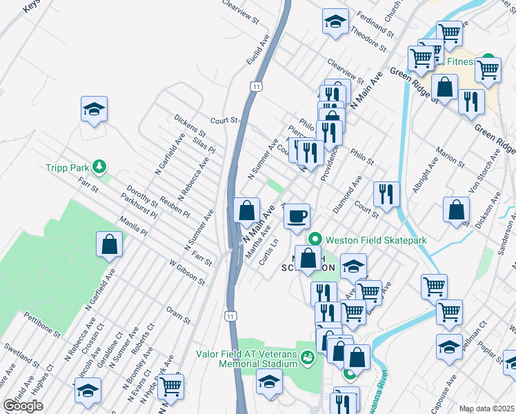 map of restaurants, bars, coffee shops, grocery stores, and more near 1029 North Main Avenue in Scranton