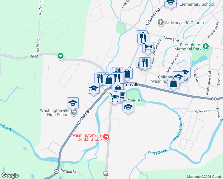 map of restaurants, bars, coffee shops, grocery stores, and more near 2 South Street in Washingtonville