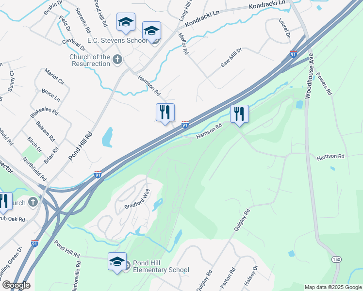 map of restaurants, bars, coffee shops, grocery stores, and more near Pilgrim Harbor in Wallingford