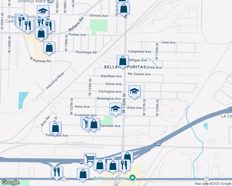 map of restaurants, bars, coffee shops, grocery stores, and more near 13109 Carrington Avenue in Cleveland
