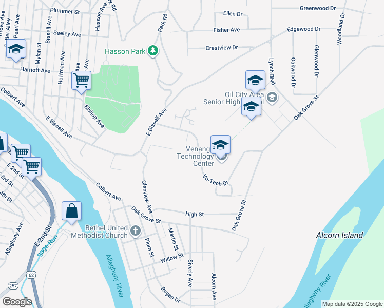 map of restaurants, bars, coffee shops, grocery stores, and more near 1 Vo-Tech Drive in Oil City