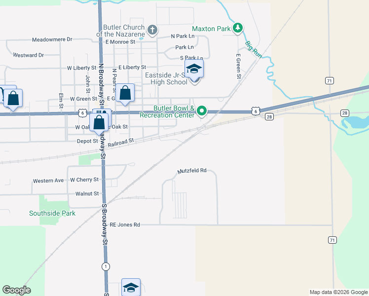 map of restaurants, bars, coffee shops, grocery stores, and more near 500 Erie Street in Butler