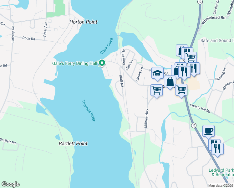 map of restaurants, bars, coffee shops, grocery stores, and more near 26 Bluff Road West in Ledyard