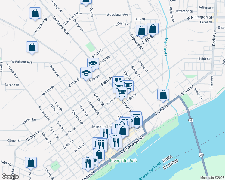 map of restaurants, bars, coffee shops, grocery stores, and more near 416 East 7th Street in Muscatine