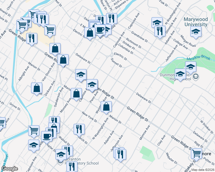 map of restaurants, bars, coffee shops, grocery stores, and more near in Dunmore