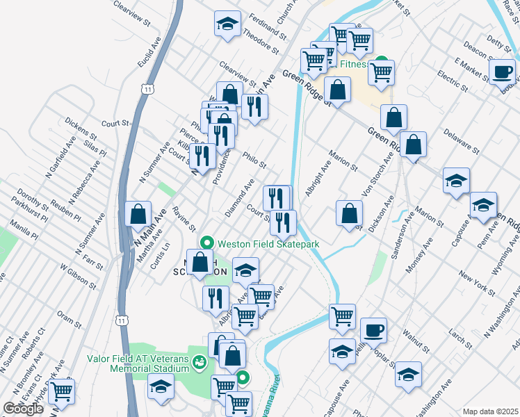 map of restaurants, bars, coffee shops, grocery stores, and more near 1130 Blair Avenue in Scranton
