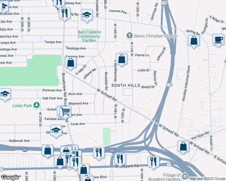 map of restaurants, bars, coffee shops, grocery stores, and more near 4752 Morningside Drive in Cleveland