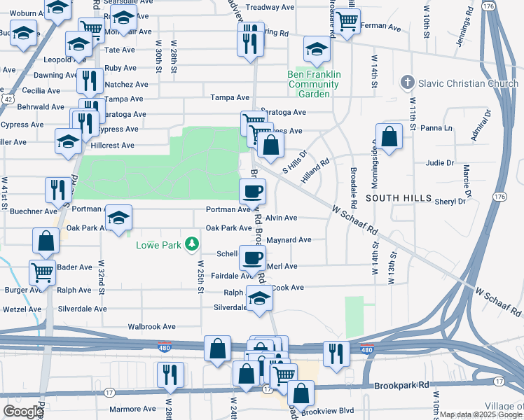 map of restaurants, bars, coffee shops, grocery stores, and more near 4754 Broadview Road in Cleveland