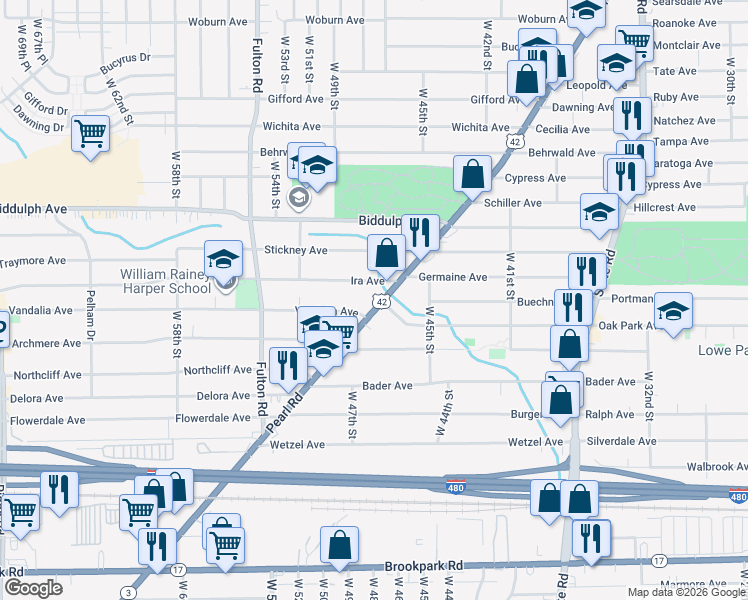 map of restaurants, bars, coffee shops, grocery stores, and more near in Cleveland