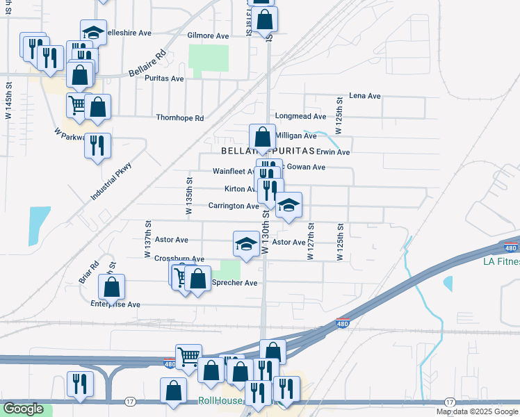 map of restaurants, bars, coffee shops, grocery stores, and more near in Cleveland