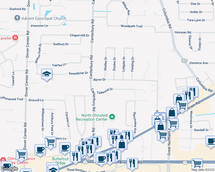 map of restaurants, bars, coffee shops, grocery stores, and more near 26091 Tallwood Drive in North Olmsted
