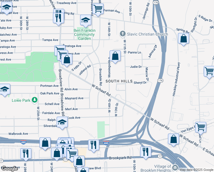 map of restaurants, bars, coffee shops, grocery stores, and more near 4752 Morningside Drive in Cleveland