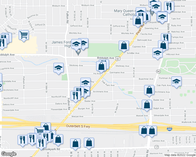 map of restaurants, bars, coffee shops, grocery stores, and more near in Cleveland