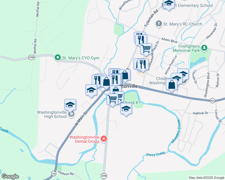 map of restaurants, bars, coffee shops, grocery stores, and more near 7 West Main Street in Washingtonville