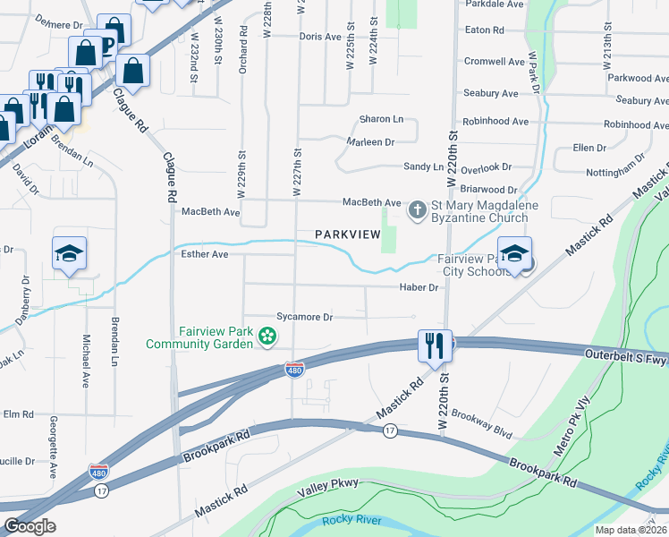 map of restaurants, bars, coffee shops, grocery stores, and more near 22530 Haber Drive in Fairview Park