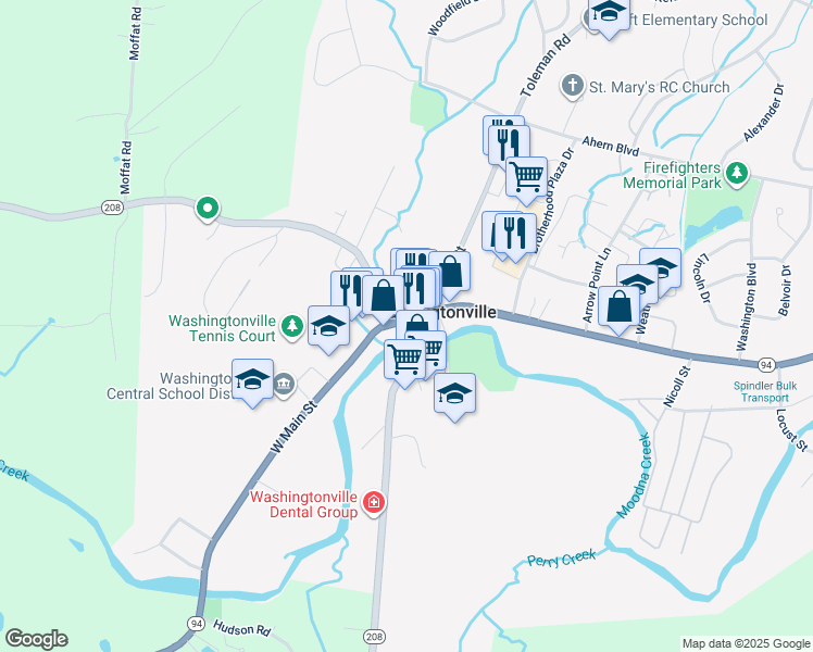 map of restaurants, bars, coffee shops, grocery stores, and more near 7 West Main Street in Washingtonville