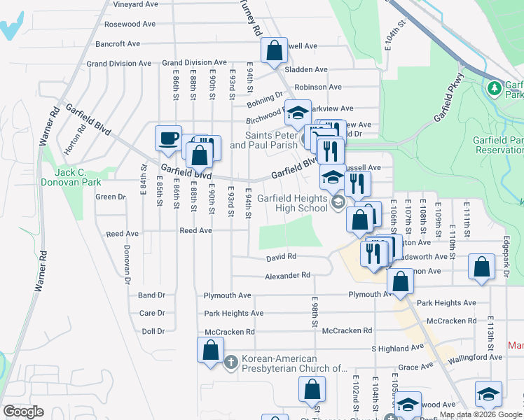 map of restaurants, bars, coffee shops, grocery stores, and more near 4914 East 95th Street in Garfield Heights
