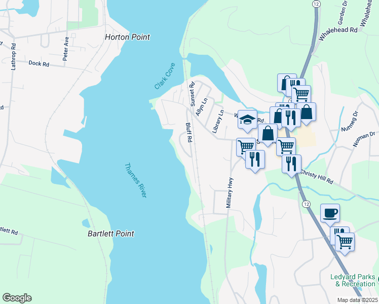 map of restaurants, bars, coffee shops, grocery stores, and more near 22 Bluff Road in Ledyard