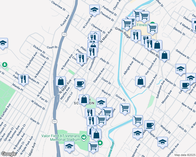 map of restaurants, bars, coffee shops, grocery stores, and more near 1110 Diamond Avenue in Scranton