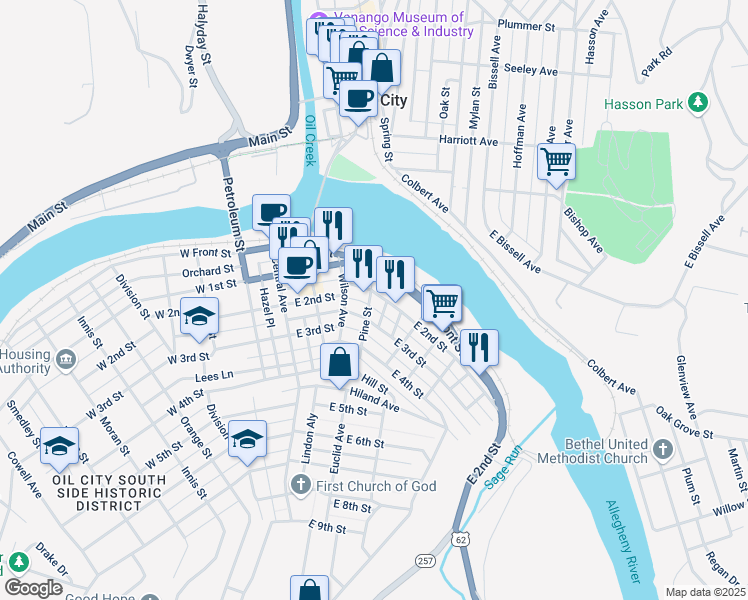 map of restaurants, bars, coffee shops, grocery stores, and more near 302 East 3rd Street in Oil City