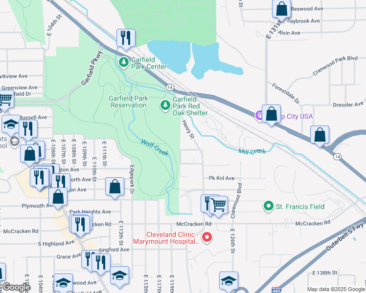 map of restaurants, bars, coffee shops, grocery stores, and more near 12000 Marguerite Avenue in Garfield Heights