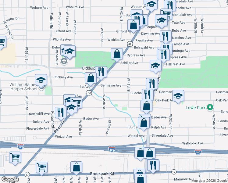map of restaurants, bars, coffee shops, grocery stores, and more near 4215 Buechner Avenue in Cleveland
