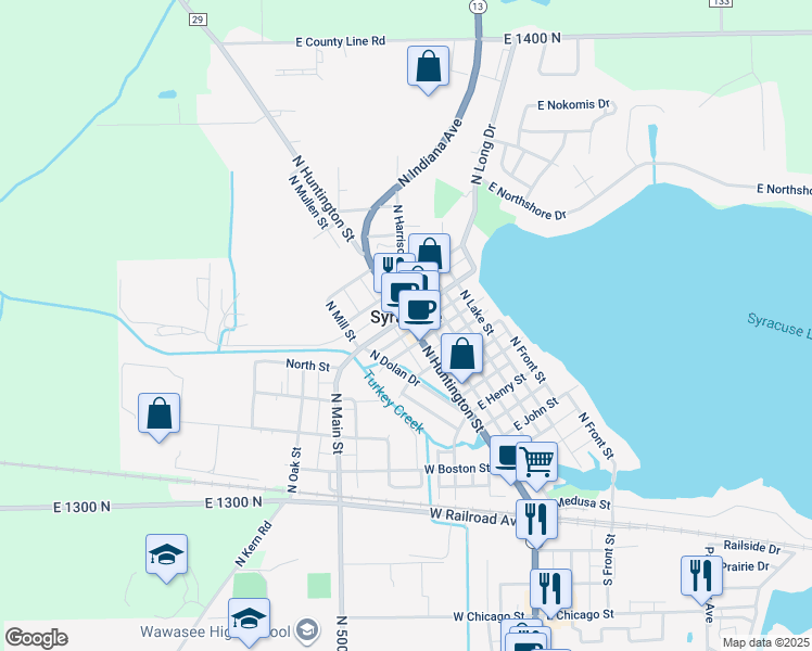 map of restaurants, bars, coffee shops, grocery stores, and more near 602 North Huntington Street in Syracuse