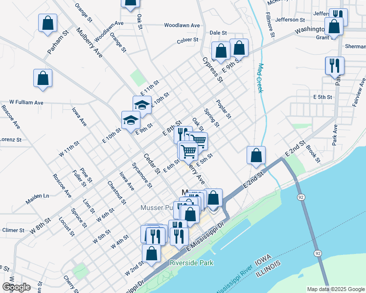 map of restaurants, bars, coffee shops, grocery stores, and more near 500-510 East 6th Street in Muscatine