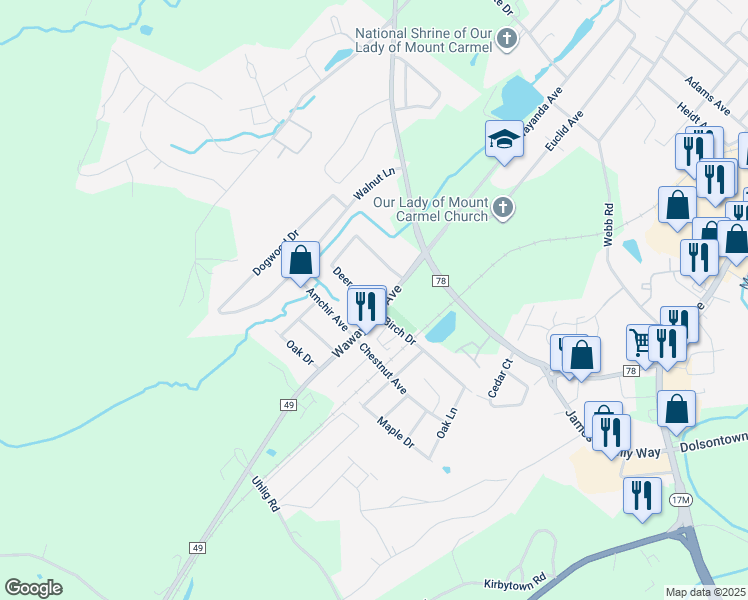 map of restaurants, bars, coffee shops, grocery stores, and more near 20 Deer Court Drive in Middletown