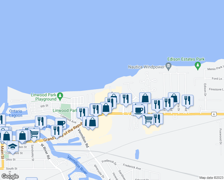 map of restaurants, bars, coffee shops, grocery stores, and more near 315 Salem Drive in Vermilion