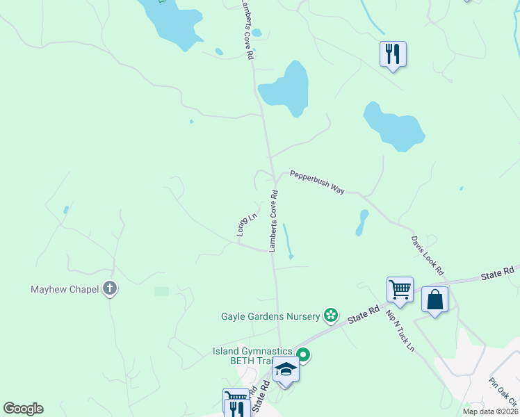 map of restaurants, bars, coffee shops, grocery stores, and more near 11 Loring Lane in West Tisbury