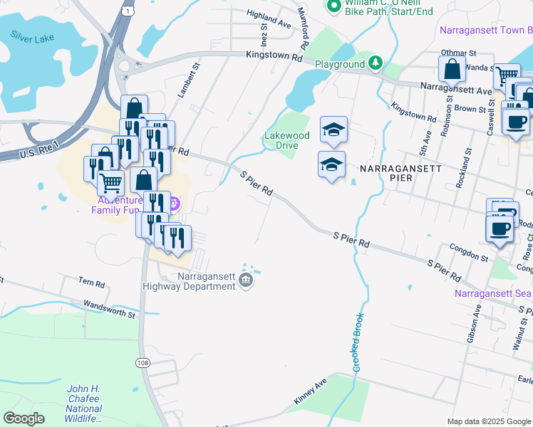 map of restaurants, bars, coffee shops, grocery stores, and more near 26 Jessica Lane in Narragansett