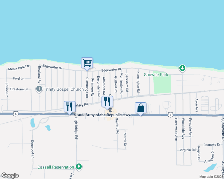map of restaurants, bars, coffee shops, grocery stores, and more near 350 Guilford Road in Vermilion