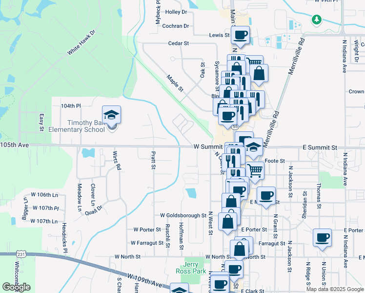 map of restaurants, bars, coffee shops, grocery stores, and more near 371 Summit Park Ct W in Crown Point