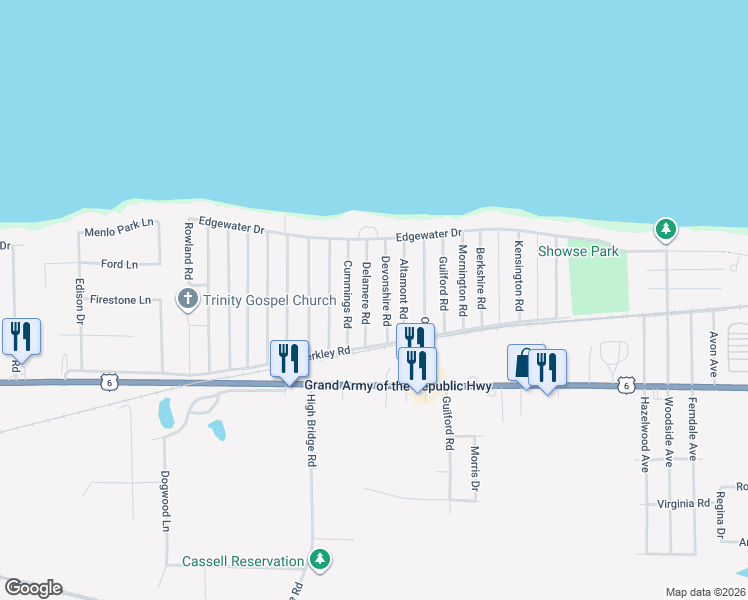 map of restaurants, bars, coffee shops, grocery stores, and more near 351 Delamere Road in Vermilion