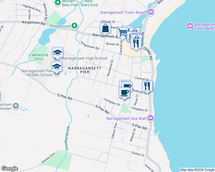 map of restaurants, bars, coffee shops, grocery stores, and more near 77 Rockland Street in Narragansett