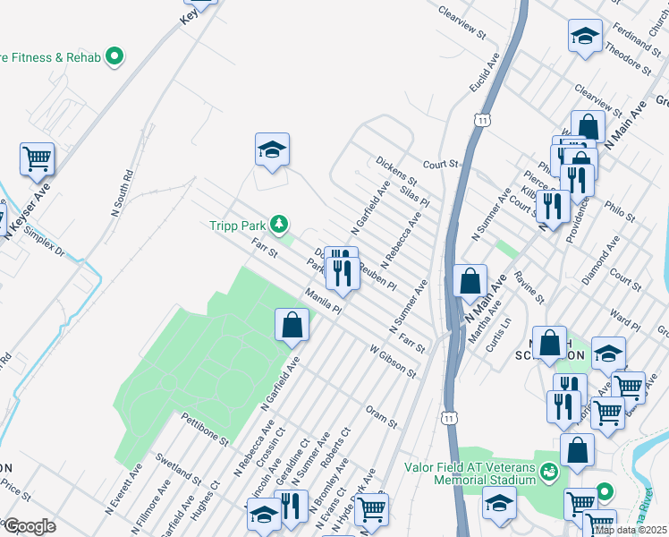 map of restaurants, bars, coffee shops, grocery stores, and more near 1624 Farr Street in Scranton