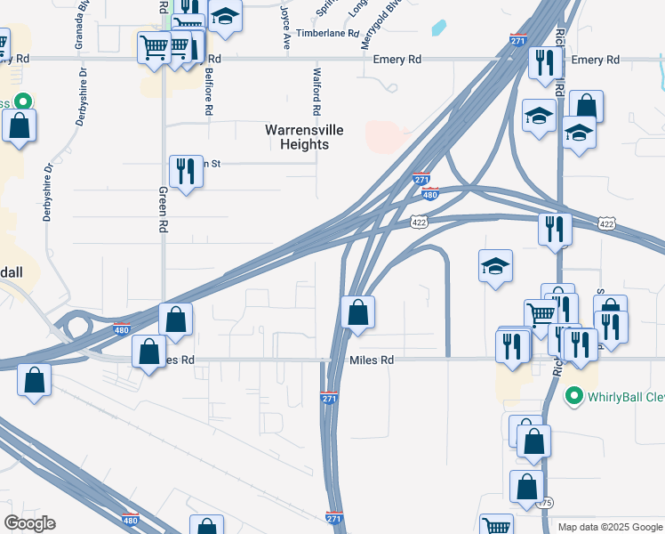 map of restaurants, bars, coffee shops, grocery stores, and more near 4889 Banbury Court in Warrensville Heights