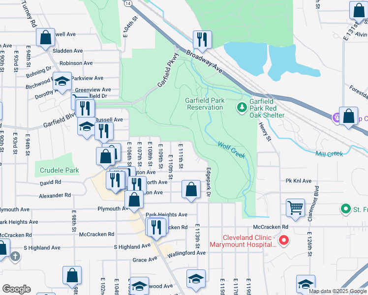 map of restaurants, bars, coffee shops, grocery stores, and more near 4894 Edgepark Drive in Garfield Heights