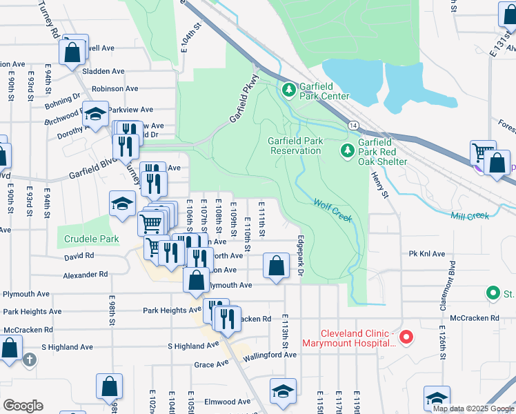 map of restaurants, bars, coffee shops, grocery stores, and more near 4915 East 111th Street in Garfield Heights