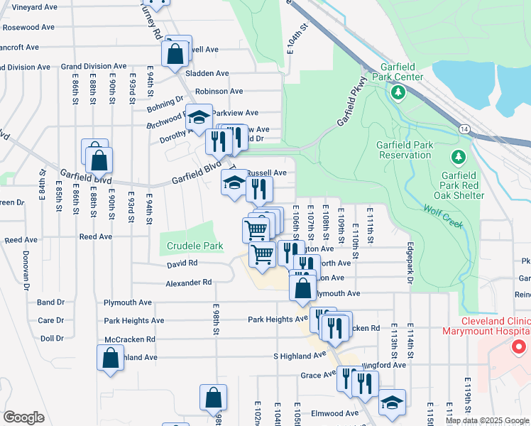 map of restaurants, bars, coffee shops, grocery stores, and more near in Garfield Heights