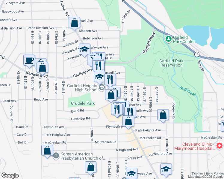 map of restaurants, bars, coffee shops, grocery stores, and more near in Garfield Heights