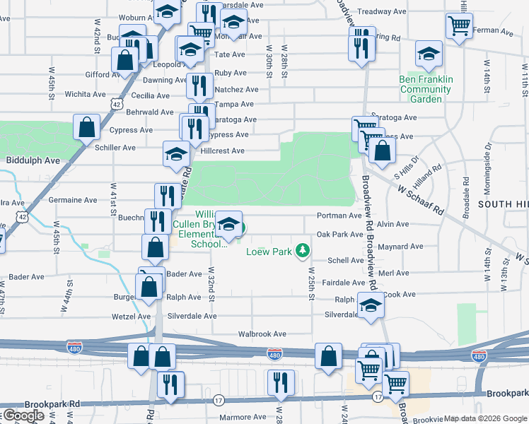 map of restaurants, bars, coffee shops, grocery stores, and more near 2810 Oak Park Avenue in Cleveland