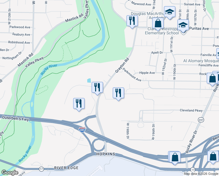 map of restaurants, bars, coffee shops, grocery stores, and more near 4725 Grayton Road in Cleveland