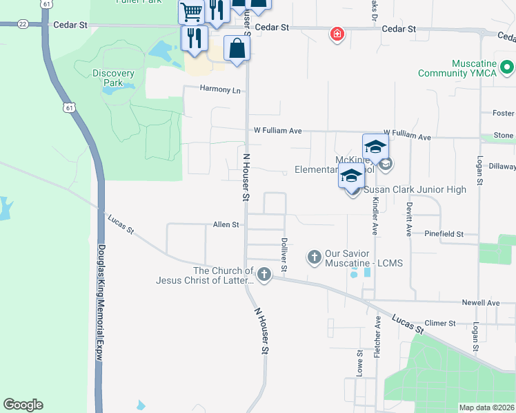 map of restaurants, bars, coffee shops, grocery stores, and more near 2902 Dawson Street in Muscatine