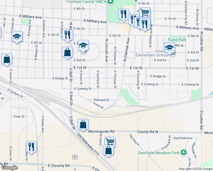 map of restaurants, bars, coffee shops, grocery stores, and more near 1521 East Cuming Street in Fremont